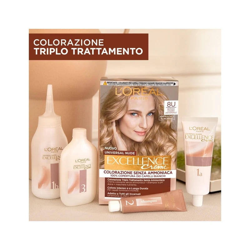 L'Oréal Paris Kit Excellence Universal Nude Colorazione Permanente 8U Biondo Chiaro Universale