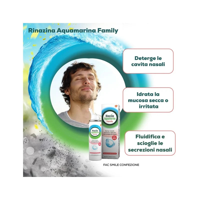 Rinazina Aquamarina Family Spray Nasale Isotonico Acqua di Mare Lavaggio Nasale Neonati Adulti 100ml