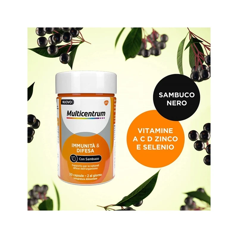 Multicentrum Immunità & Difesa Con Sambuco Integratore Alimentare Vitamina C Difese Immunitarie 30 Compresse