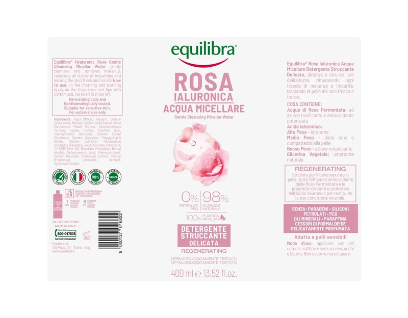 Equilibra Rosa Ialuronica Acqua Micellare Detergente/Struccante Delicata 400ml