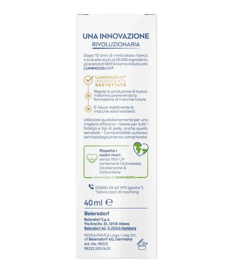 Nivea Sun Fluido Solare UV Viso Anti Macchie Luminous 630 SPF 50 40ml