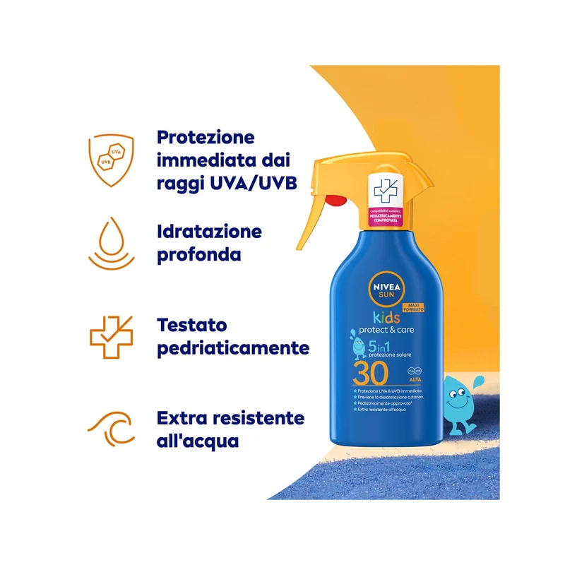 Nivea Sun Spray Solare Kids Protect & Care Fp30 Crema Solare Per Bambini Waterproof 270ml