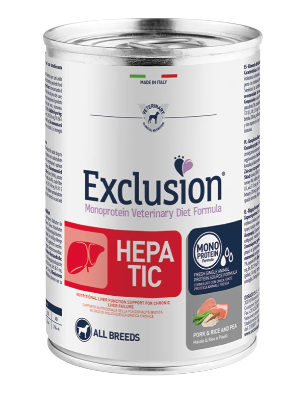 Exclusion Veterinary Diet Hepatic Pork Rice And Pea Cani Adulti Lattina 400gr