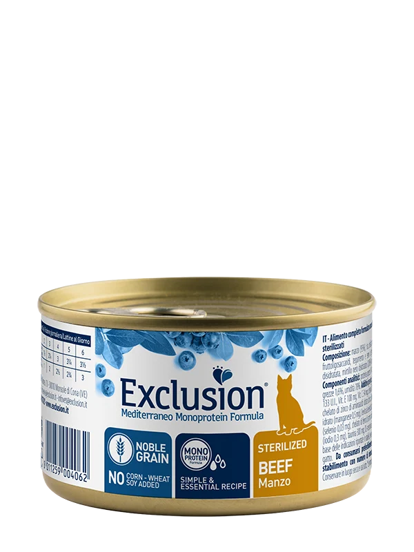 Exclusion Mediterraneo Monoprotein Noble Grain Umido Per Gatti Sterilizzati Al Manzo Lattina 85gr