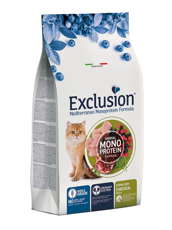 Exclusion Mediterraneo Monoprotein Noble Grain Cibo Secco Pollo Per Gatti Adulti Sterilizzati 12kg