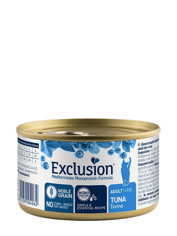 Exclusion Mediterraneo Monoprotein Noble Grain Umido Per Gatti Adulti Al Tonno Lattina 85gr