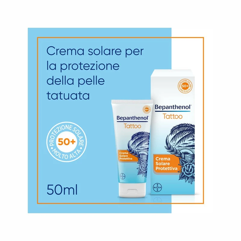 Bepanthenol Tattoo Crema Protezione Solare Molto Alta SPF50+ Per Tatuaggio Con Pantenolo 50ml