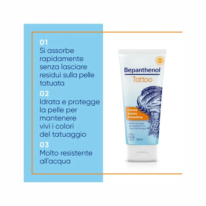 Bepanthenol Tattoo Crema Protezione Solare Molto Alta SPF50+ Per Tatuaggio Con Pantenolo 50ml