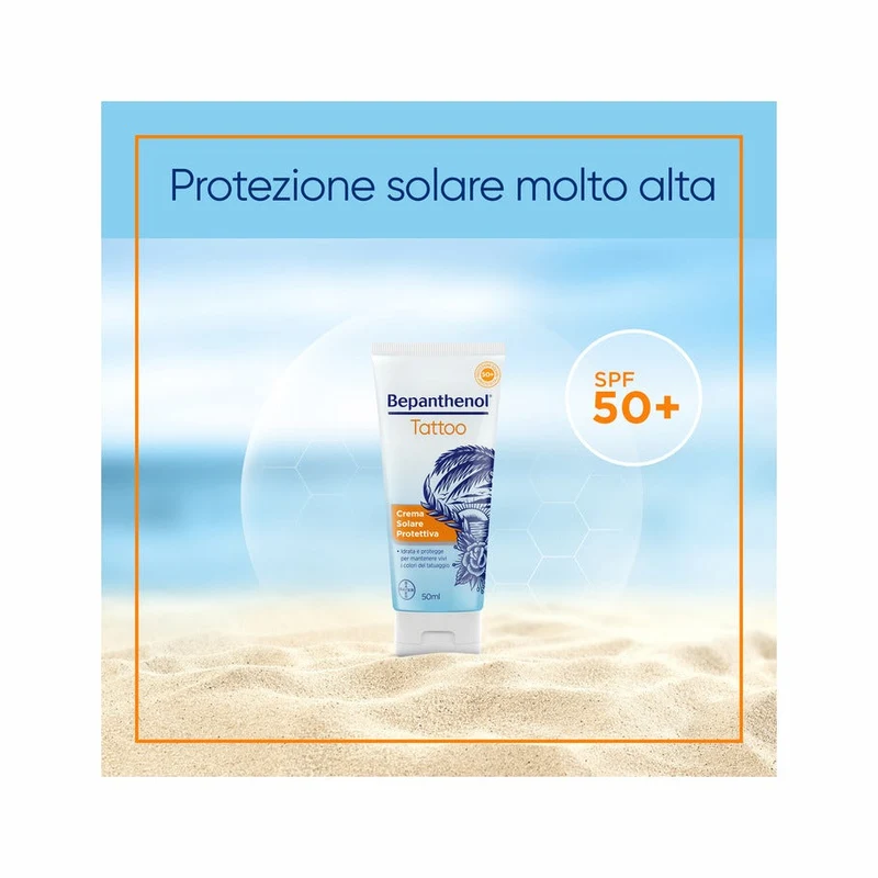 Bepanthenol Tattoo Crema Protezione Solare Molto Alta SPF50+ Per Tatuaggio Con Pantenolo 50ml