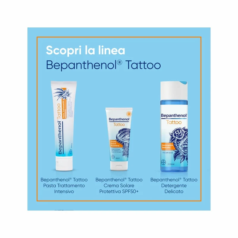 Bepanthenol Tattoo Crema Protezione Solare Molto Alta SPF50+ Per Tatuaggio Con Pantenolo 50ml