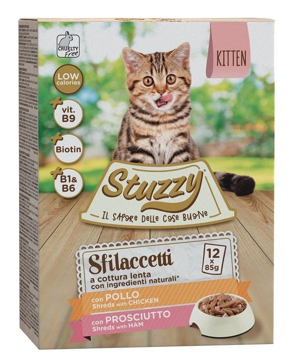 Stuzzy Sfilaccetti Con Vitello/Prosciutto Cibo Umido Per Gattini Multipack 12x85g