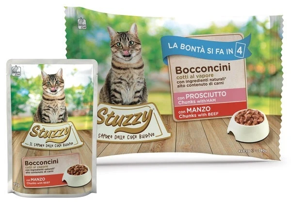 Stuzzy Bocconcini Con Prosciutto/Manzo Cibo Umido Gatti Adulti Multipack 4x85g