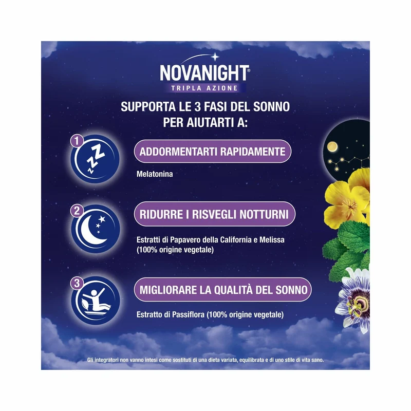 Novanight Tripla Azione con Melissa e Melatonina per Dormire Senza Glutine 60 Compresse