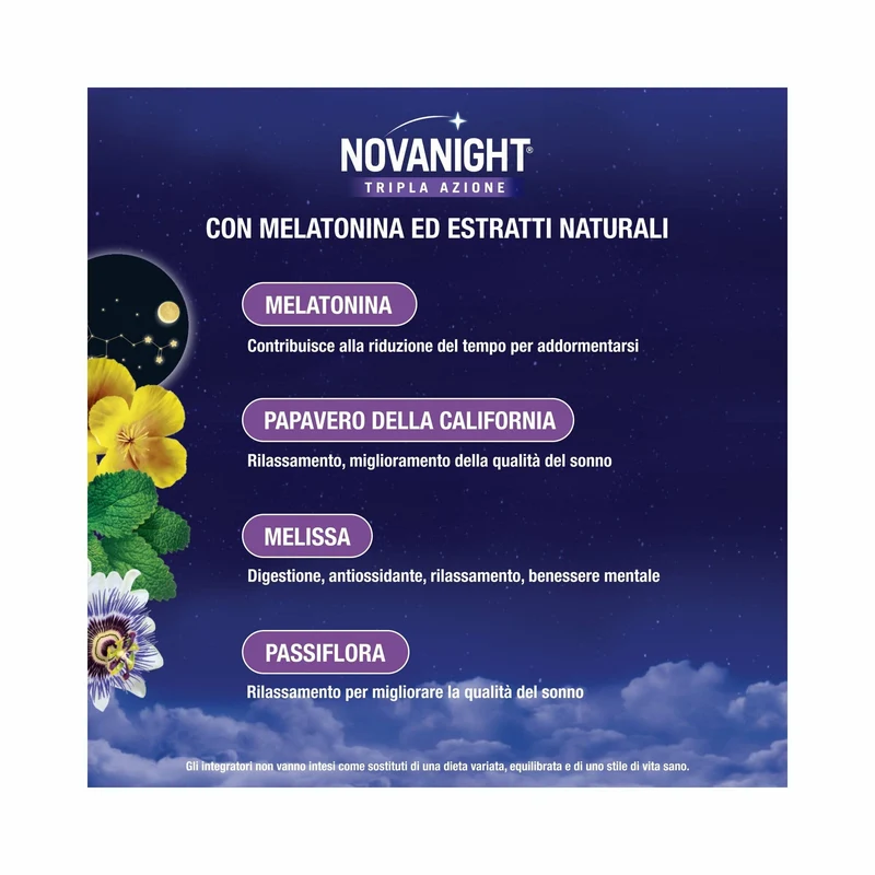 Novanight Tripla Azione con Melissa e Melatonina per Dormire Senza Glutine 60 Compresse