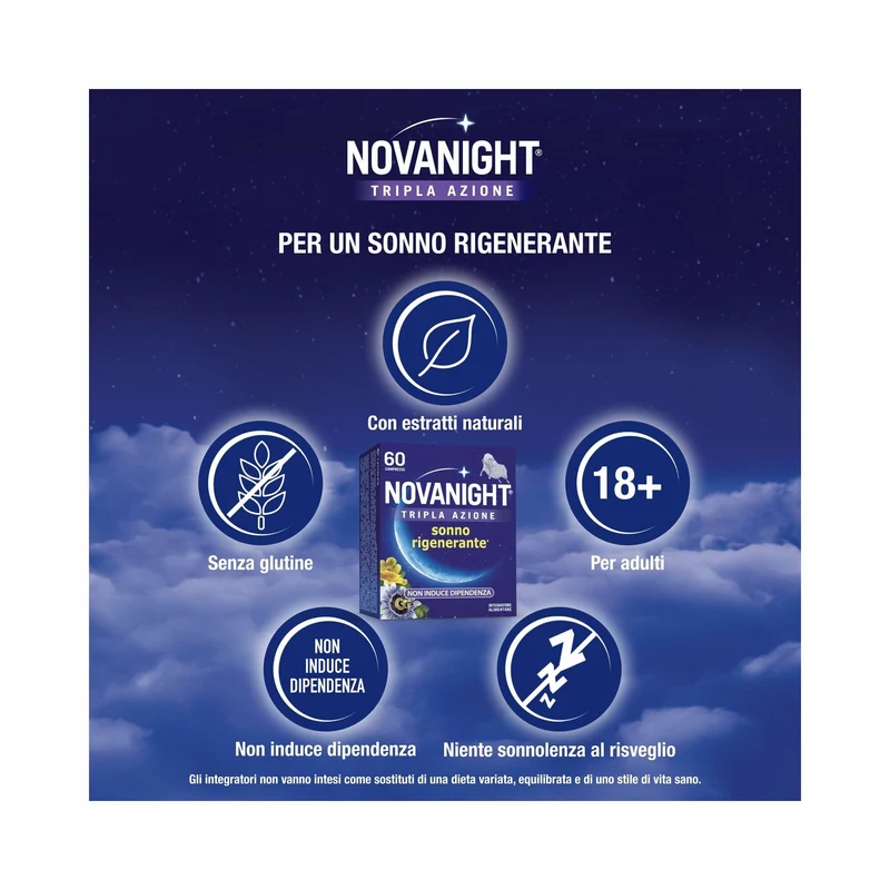 Novanight Tripla Azione con Melissa e Melatonina per Dormire Senza Glutine 60 Compresse