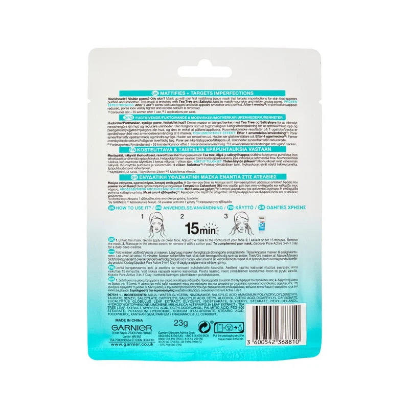 Garnier Pure Active Maschera In Tessuto Arricchita Con Acido Salicilico 23g